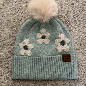 NWOT CC Blue Floral Pom-Pom Beanie Hat